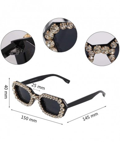 Cat Eye Oversized Rhinestone Aviator Sunglasses for Women Diamond Shades - Black Frame/Grey Lens - C818XTCZR57 $31.97