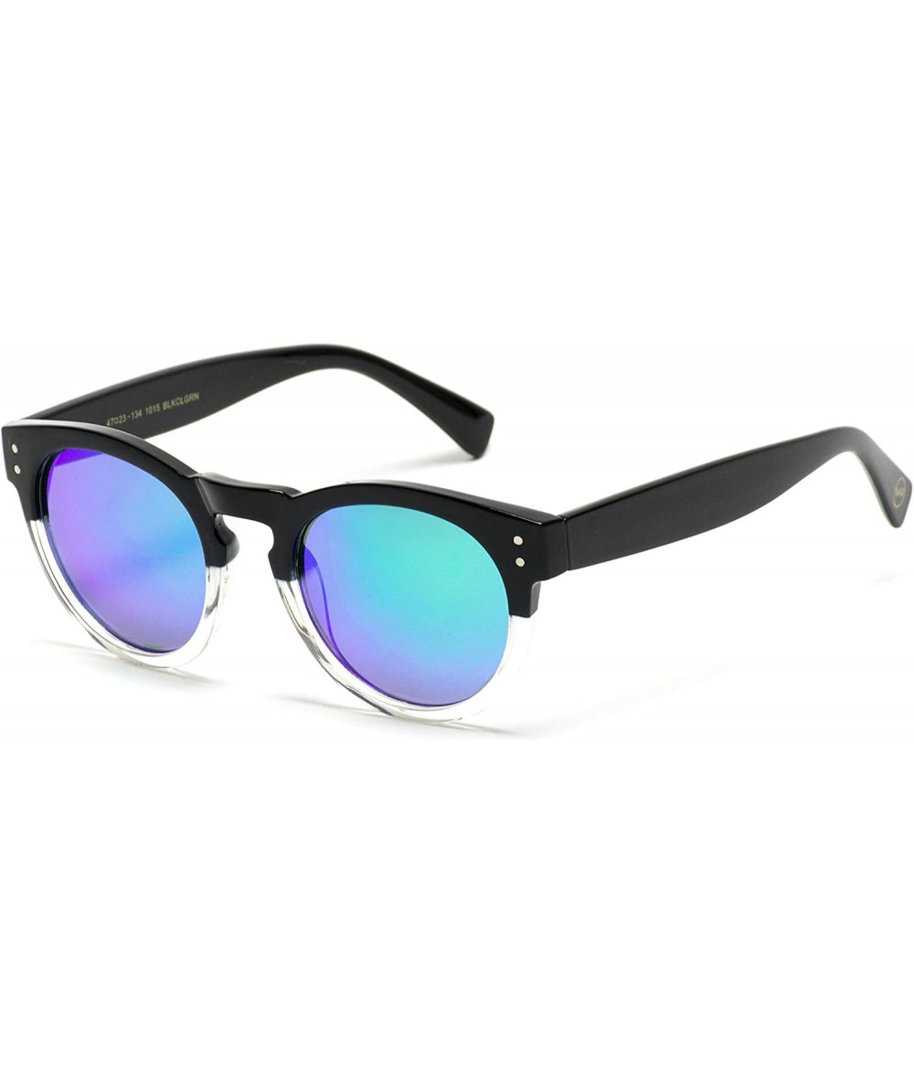 Round Vintage Inspired Mirror Lens Round Horned Rim Frame Retro Sunglasses - Black Clear / Mirror Green - CI129ZH8L33 $19.23