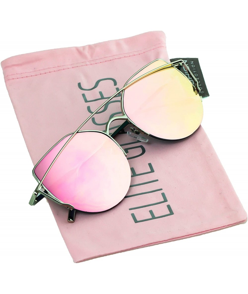 Aviator Cat Eye Metal Frame Flat Top Mirrored Lens Women Fashion Sunglasses - Pink Mirror - CE17YCH0N0O $17.80