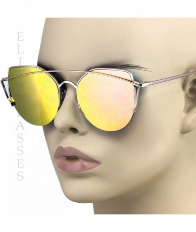 Aviator Cat Eye Metal Frame Flat Top Mirrored Lens Women Fashion Sunglasses - Pink Mirror - CE17YCH0N0O $17.80