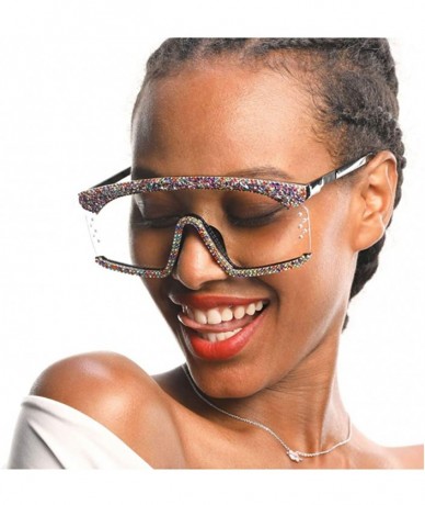 Shield Rhinestone Oversize Shield Visor Sunglasses Flat Top Mirrored Mono Lens - Transparent - CW197NLOLE0 $30.54