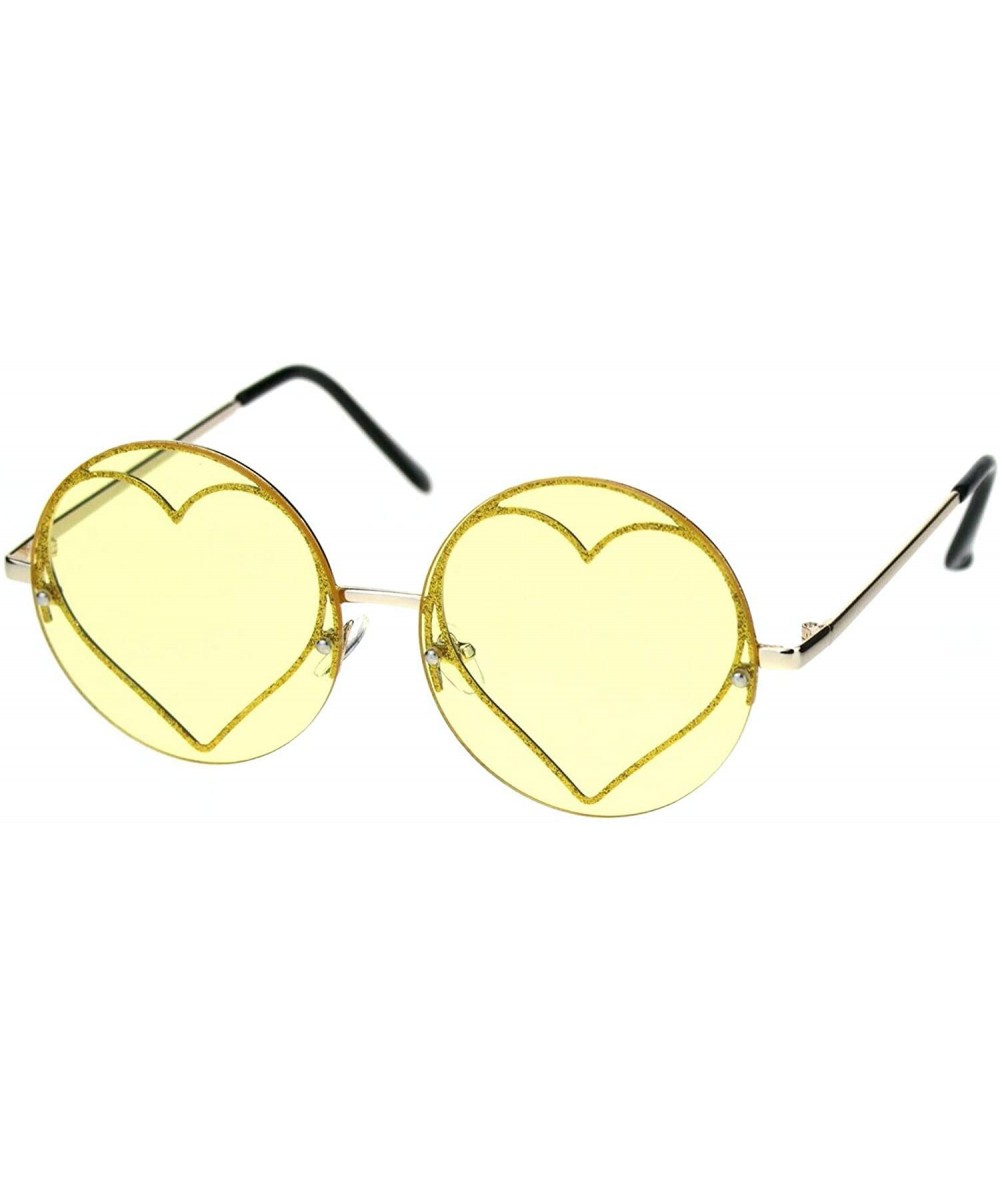 Round Womens Round Circle Frame Sunglasses Glittery Heart Metal Rim UV 400 - Gold (Yellow) - CF1936ERDDD $20.70