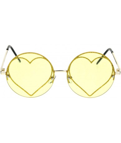 Round Womens Round Circle Frame Sunglasses Glittery Heart Metal Rim UV 400 - Gold (Yellow) - CF1936ERDDD $20.70