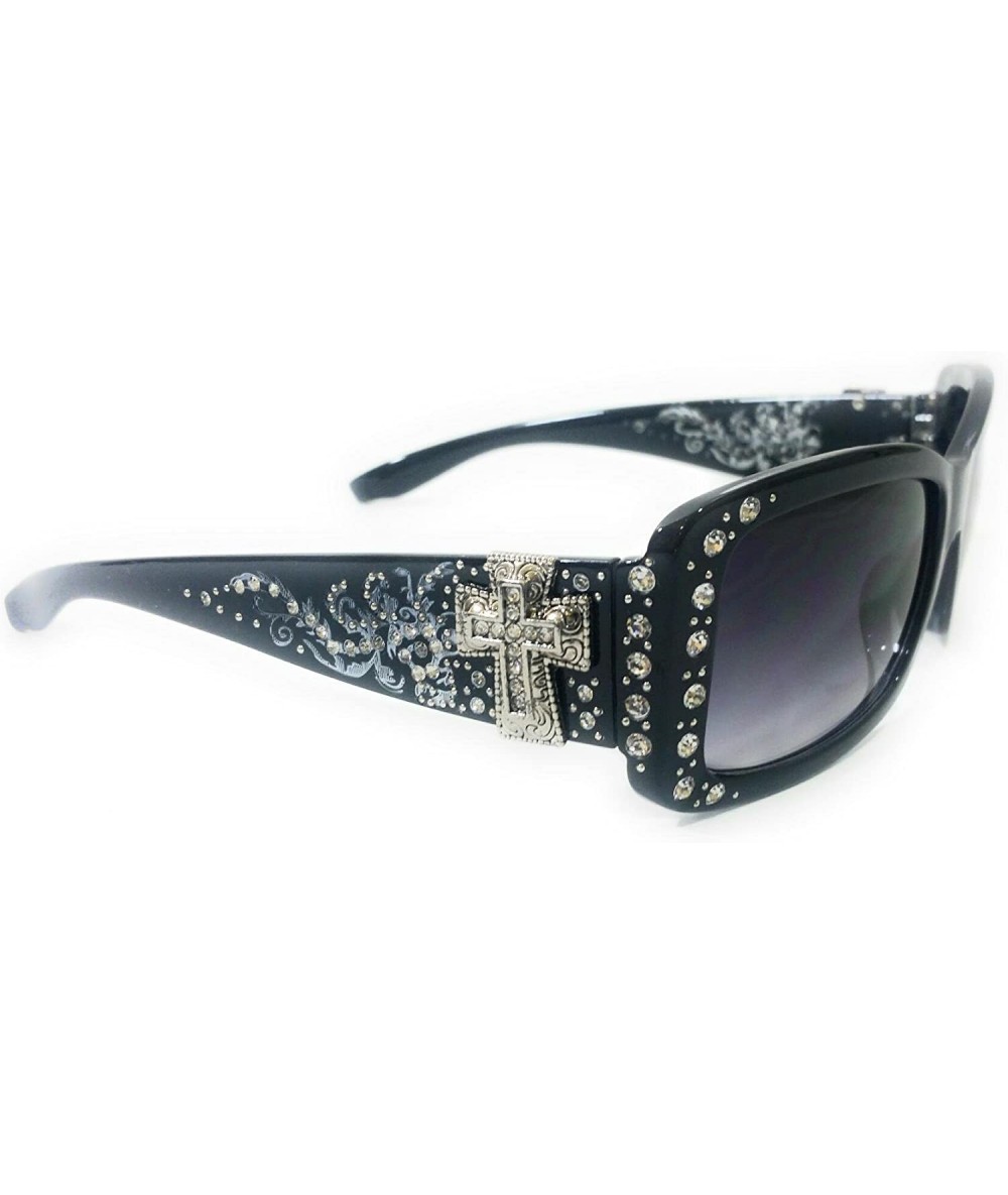 Rectangular Western Ladies Rhinestone Bling Shade Sunglasses + Case - Black Silver Cross - C118DLSMYC3 $41.44